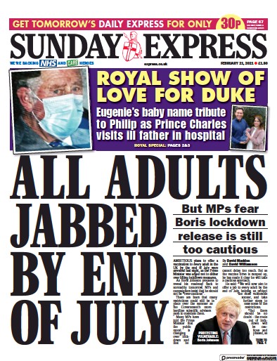Daily Express Sunday (UK) Newspaper Front Page for 21 February 2021