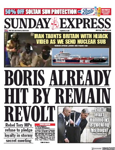 Daily Express Sunday Newspaper Front Page for 21 July 2019