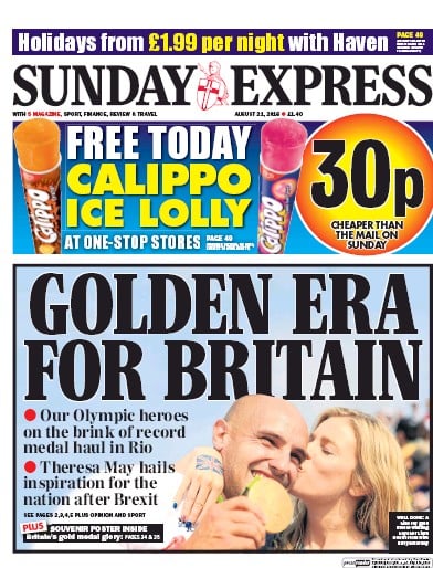 Daily Express Sunday Newspaper Front Page for 21 August 2016