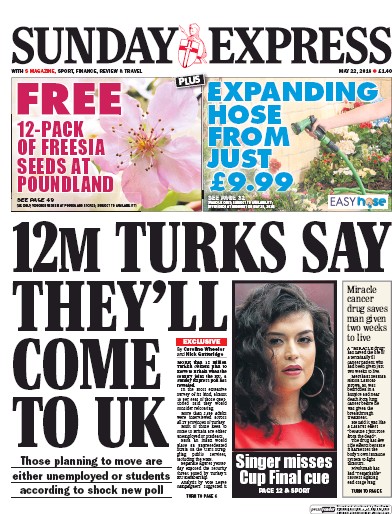 Daily Express Sunday Newspaper Front Page for 22 May 2016