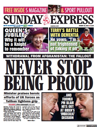 Daily Express Sunday (UK) Newspaper Front Page for 22 August 2021