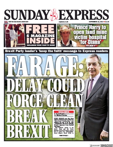 Daily Express Sunday Newspaper Front Page for 22 September 2019
