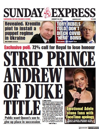 Daily Express Sunday (UK) Newspaper Front Page for 23 January 2022
