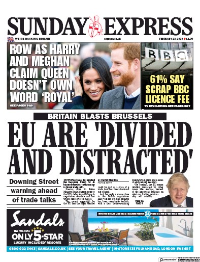 Daily Express Sunday Newspaper Front Page for 23 February 2020