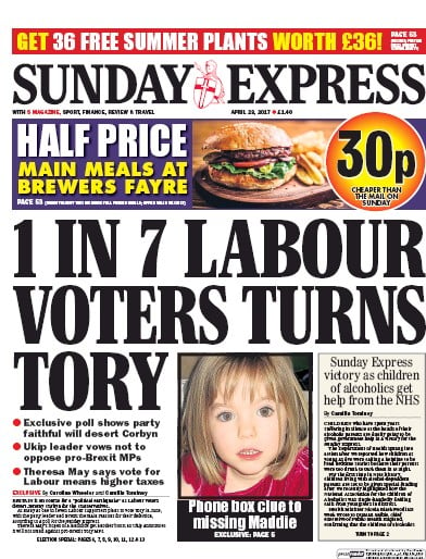 Daily Express Sunday Newspaper Front Page for 23 April 2017