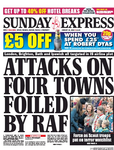 Daily Express Sunday Newspaper Front Page for 24 January 2016