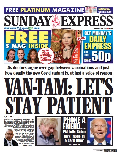 Daily Express Sunday Newspaper Front Page for 24 January 2021