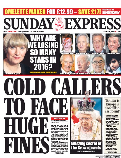 Daily Express Sunday Newspaper Front Page for 24 April 2016