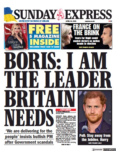 Daily Express Sunday Newspaper Front Page for 24 April 2022