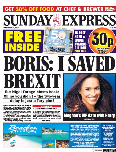 Daily Express Sunday Newspaper Front Page for 24 September 2017