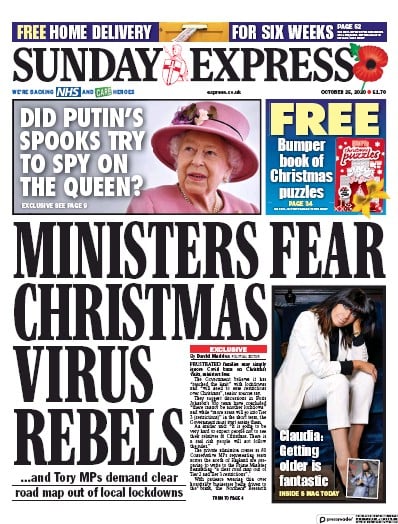Daily Express Sunday Newspaper Front Page for 25 October 2020