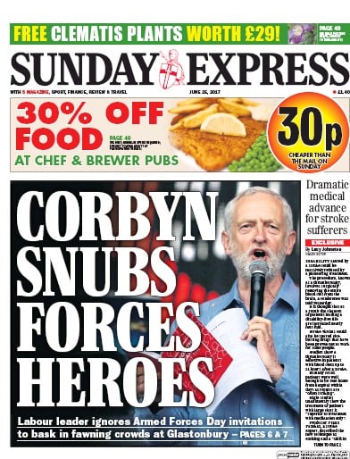 Daily Express Sunday Newspaper Front Page for 25 June 2017