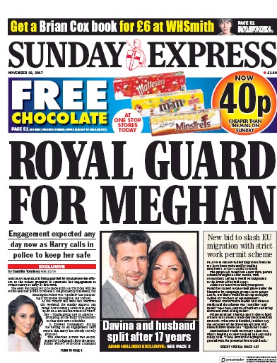 Daily Express Sunday Newspaper Front Page for 26 November 2017