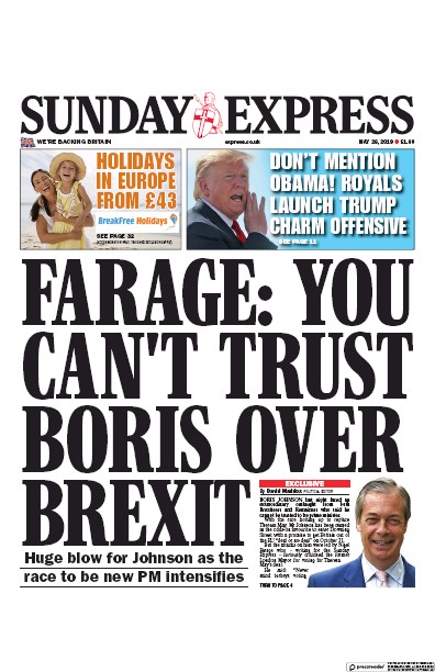 Daily Express Sunday (UK) Newspaper Front Page for 26 May 2019