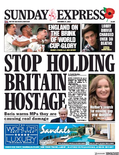 Daily Express Sunday Newspaper Front Page for 27 October 2019
