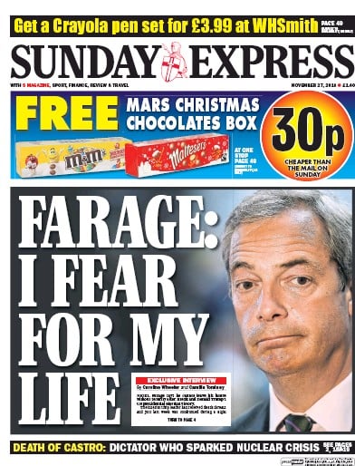 Daily Express Sunday Newspaper Front Page for 27 November 2016