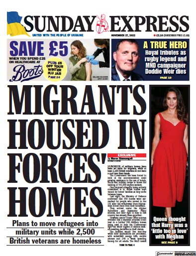 Daily Express Sunday (UK) Newspaper Front Page for 27 November 2022