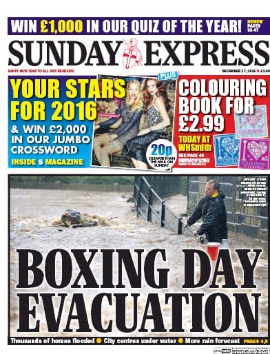 Daily Express Sunday Newspaper Front Page for 27 December 2015