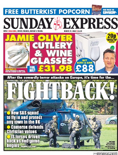 Daily Express Sunday (UK) Newspaper Front Page for 27 March 2016