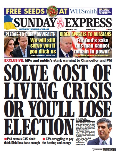 Daily Express Sunday Newspaper Front Page for 27 March 2022