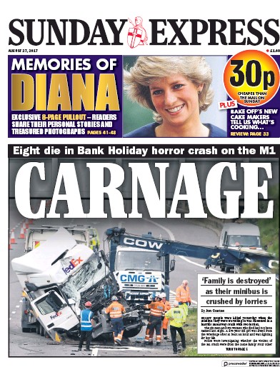 Daily Express Sunday Newspaper Front Page for 27 August 2017