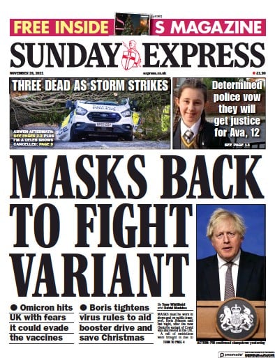 Daily Express Sunday (UK) Newspaper Front Page for 28 November 2021