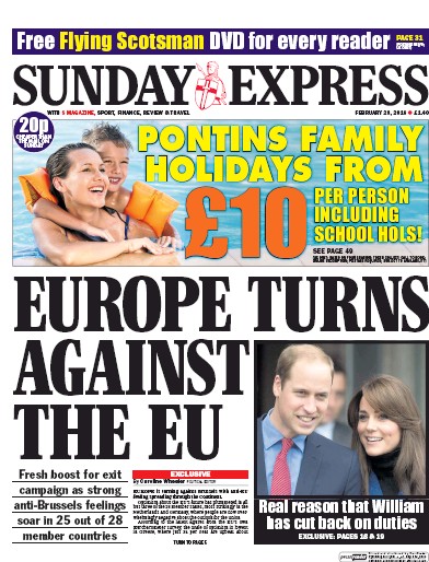 Daily Express Sunday Newspaper Front Page for 28 February 2016