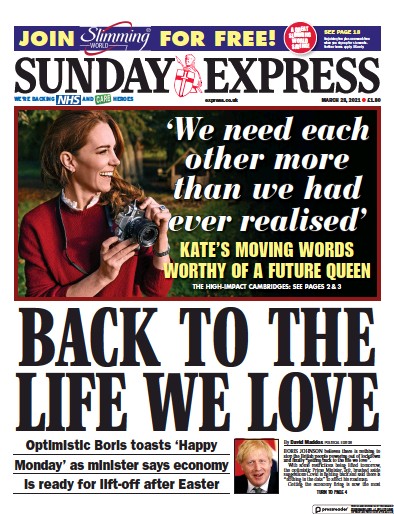 Daily Express Sunday (UK) Newspaper Front Page for 28 March 2021