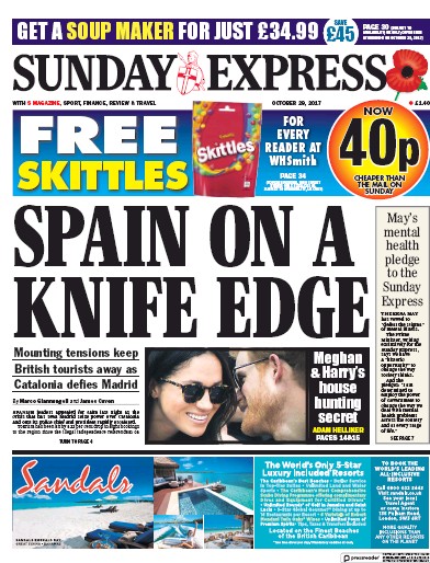 Daily Express Sunday Newspaper Front Page for 29 October 2017