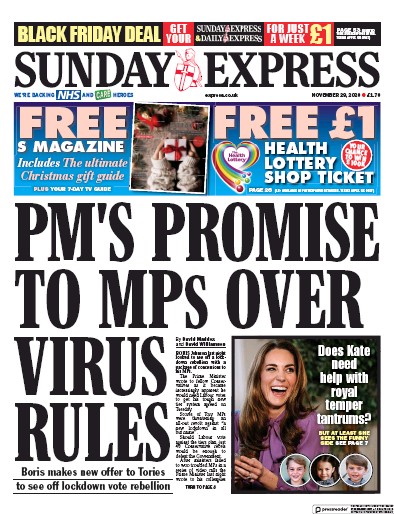 Daily Express Sunday Newspaper Front Page for 29 November 2020