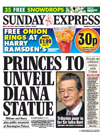 Daily Express Sunday Newspaper Front Page for 29 January 2017