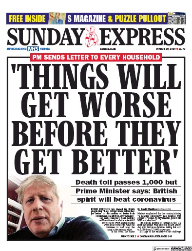 Daily Express Sunday Newspaper Front Page for 29 March 2020