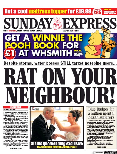 Daily Express Sunday Newspaper Front Page for 29 July 2018