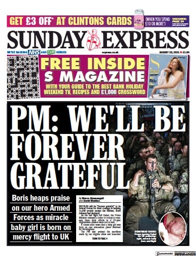 Daily Express Sunday (UK) Newspaper Front Page for 29 August 2021