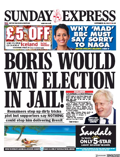 Daily Express Sunday Newspaper Front Page for 29 September 2019