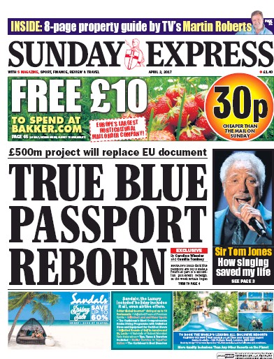 Daily Express Sunday Newspaper Front Page for 2 April 2017
