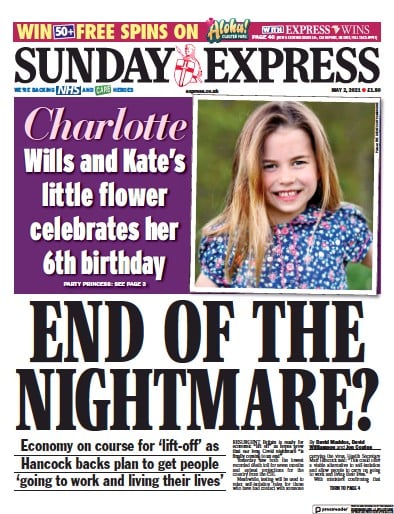 Daily Express Sunday Newspaper Front Page for 2 May 2021