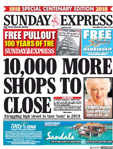 Daily Express Sunday (UK) Newspaper Front Page for 30 December 2018