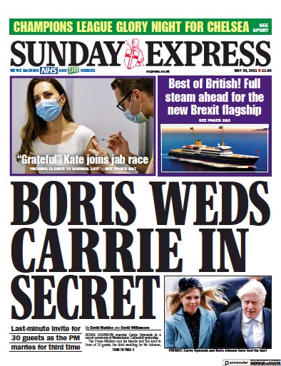 Daily Express Sunday Newspaper Front Page for 30 May 2021