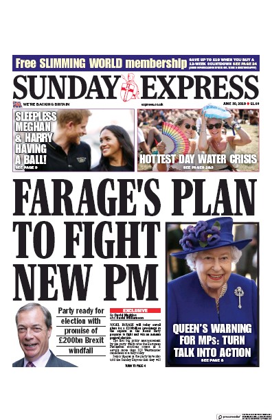 Daily Express Sunday (UK) Newspaper Front Page for 30 June 2019
