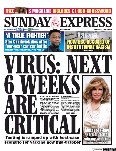 Daily Express Sunday Newspaper Front Page for 30 August 2020
