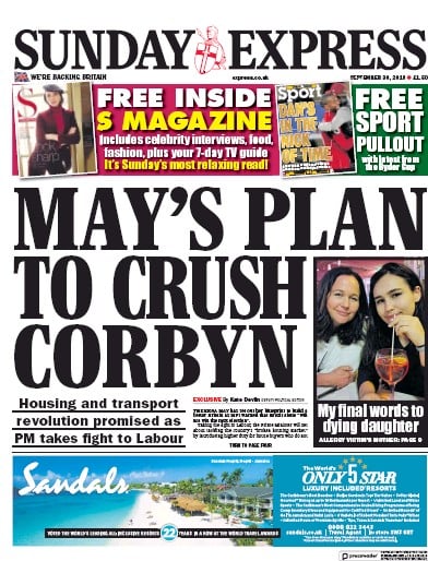 Daily Express Sunday (UK) Newspaper Front Page for 30 September 2018