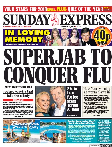 Daily Express Sunday (UK) Newspaper Front Page for 31 December 2017