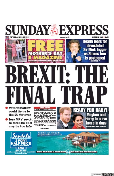 Daily Express Sunday Newspaper Front Page for 31 March 2019