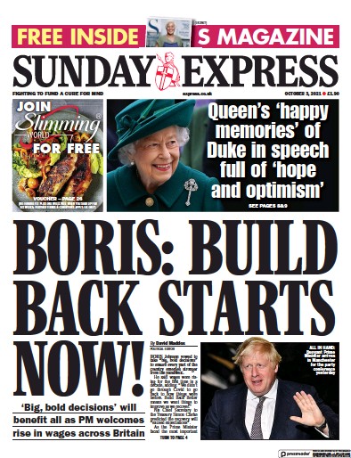 Daily Express Sunday (UK) Newspaper Front Page for 3 October 2021