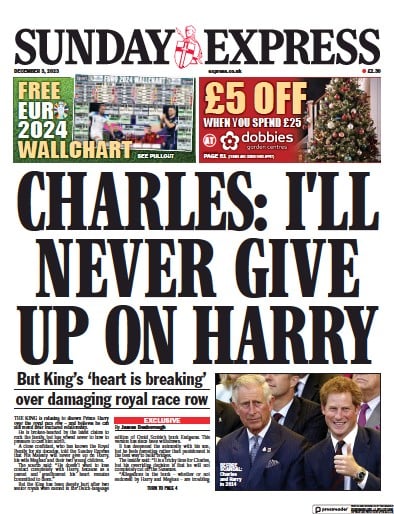 Daily Express Sunday Newspaper Front Page for 3 December 2023