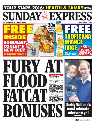 Daily Express Sunday (UK) Newspaper Front Page for 3 January 2016