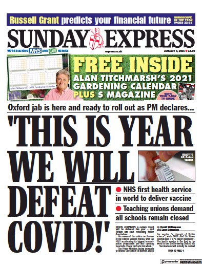 Daily Express Sunday (UK) Newspaper Front Page for 3 January 2021