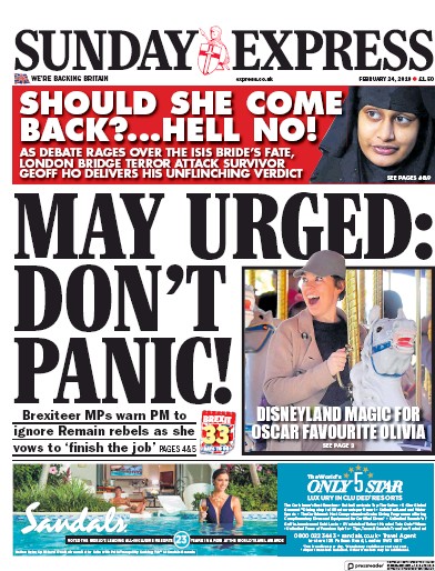 Daily Express Sunday (UK) Newspaper Front Page for 3 March 2019