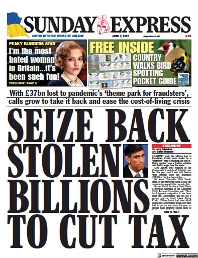 Daily Express Sunday Newspaper Front Page for 3 April 2022